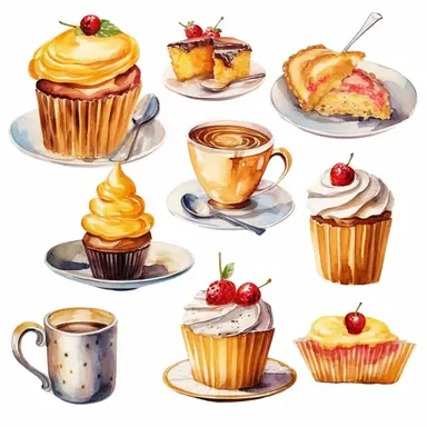 high detail watercolor golden clipart white background different cafe drinks, treats, cakes and snacks