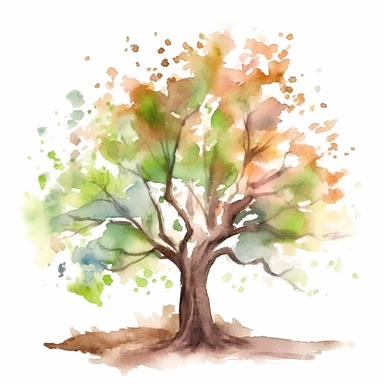 Clipart, Watercolor Impressionism inspired by Georgia O'Keeffe, featuring a spring tree with a brown, wavy textured trunk and branches, crowned with delicate colorful spring leaves painted with a soft, dreamy watercolor effect against a white background. The tree stands tall and proud, symbolizing the renewal and growth of spring in a lush and vibrant environment with hints of other trees and foliage in the distance. The overall mood is peaceful and serene, inviting the viewer to appreciate the 
