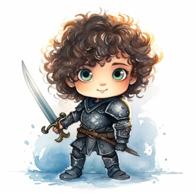 Clipart of a cute little happy warrior. He is brunette and curly hair and with green eyes. The background is watercolour and sparkly. Wearing black and blue. knight outfit. full body