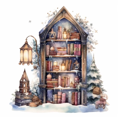Watercolor clipart of a cute vintage library, sparkles, cosy winter wonderland vibes, isolated on white background