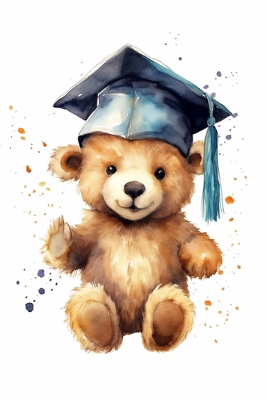 Create a watercolor clipart picture of a cute and happy baby bear wearing a graduation cap. The bear should have an adorable and delighted expression, with its fur depicted in soft watercolor textures. The graduation cap should be adorned with a tassel and placed on the bear's head. Surround the bear with celebratory elements such as confetti, balloons, and diplomas.