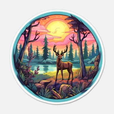 Sticker logo, featuring trees, lush foliage, and woodland creatures like deer or squirrels, capturing the essence of camping in nature, on transparent background free clipart, in the style of digital painting and drawing, 2d game art, scoutcore, anime-influenced, cabincore, high resolution, light sky-blue and dark maroon