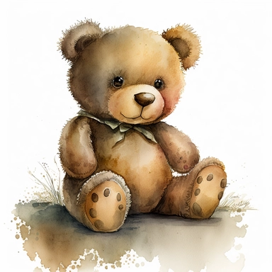 a whimsical and nostalgic illustration of a cute and cuddly teddy bear sitting upright and looking directly at the viewer. The teddy bear should be rendered in a detailed and intricate watercolor style, with soft and flowing brushstrokes that capture its fur, round belly, and adorable face. The background should be a bright and crisp white, with no other elements visible. The illustration should be high resolution and suitable for use as a clipart, with a vintage and old-fashioned aesthetic that