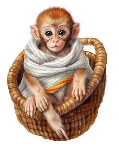 detailed watercolor Baby Monkey on a basket with scarf , hyper realistic, isolated on a white background, clipart