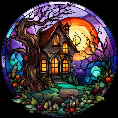 Stained Glass halloween spooky house in the shape of a circle PNG Clipart