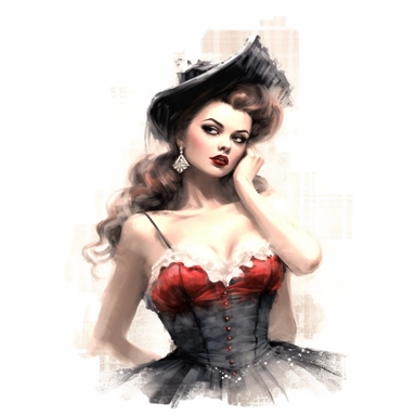 beautiful stunning pretty vintage burlesque girl, elegant corsets and jewles, burlesque stuff,paint art style, clipart, white background, superrealistic, one of a kind