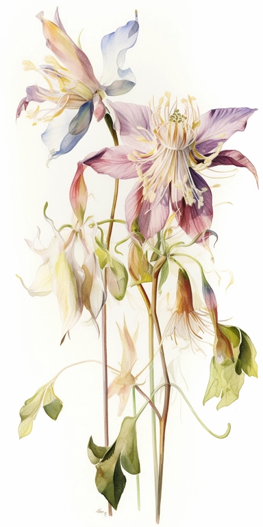Watercolor Painting of SINGLE STEAM Columbine bouquet FLOWER on white background beautiful multi - headed pale, Flora Design Patterns, Flemish Baroque by Rachel Ruysch, Behance, Rococo, Intricate Detailed, Soft Light Effect, Oil Paint Strokes, Light Academia Aesthetic Flowers, Lighting cinematic, all shown shimmering stamens, tyndall light, light effect, texture, colorful, 8k, fantasy, ray tracing, depth of field, vivid, spectacular lighting, octane rendering, highly detailed, ultra - realistic,