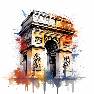 a France Arc de Triomphe in the style of watercolour clipart with detailed brush strokes