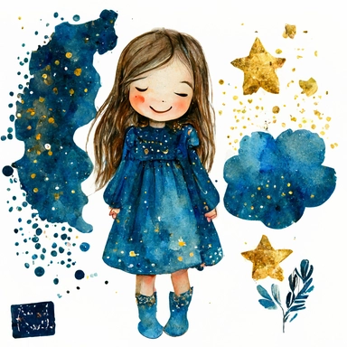 cute happy girl in blue with stars dress valentine watercolor clipart gold glitters details