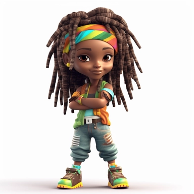 cute cool black girl with wild colorful dreadlocks, 3d, arms folded, chibi girl, jewelry, hip hop clothing, smiling, posing, clipart, whole body, white background,