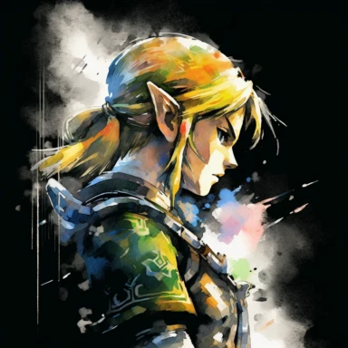 Legend of Zelda Link, close-up side profile view, colorful clipart watercolor, black background