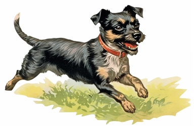 Vintage 1920 Terrier Dog in a running pose Clipart Illustration, Chromolithograph, 1920s Illustration, Vintage, Chromolithograph, Colorful, Antique, Ephemera, Clipart, 8k, Isolated on white