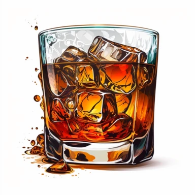cartoon realistic Whiskey Glass with ice clipart, vivid colors, white background, no words, doodle sketch