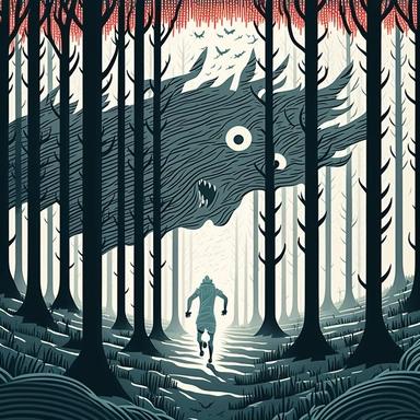 in the style of John Kenn Mortensen, trail runner with wolf head, through white birch forest, chased by monsters, ghosts, animals, spooky, colorful, white background, magical, fantasy, vector, clipart, elaborate, ultra-detailed, best quality, well composed, vibrant color tone, trending on artstation, elaborate, cinematic lighting, vibrant colors, high definition