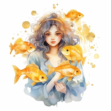 Pisces zodiac sign as fantasy cute girl surrounded by two golden fish, water theme, Watercolor pisces Zodiac Sign Clipart, 8k, detailed white background, uplighted