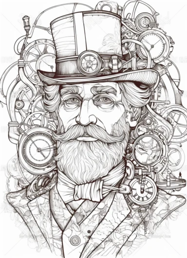 smiling and distinguished senior man portrait beard and mustache no glasses, dressed in steampunk elements, line art for coloring book, black and white, line art, coloring page, printable, thin lines, no details, no shadows, sharp lines, illustration, vector, clipart, white background
