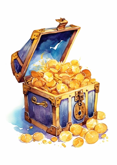 cute watercolor underwater pirate treasure chest full of gold clipart, full body, hd, on white background, spaced out