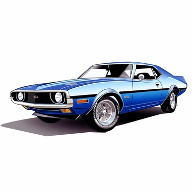 in clipart style, vector image, A meticulously crafted illustration of a 1971 Plum AMC Javelin AMX , highlighting its iconic design and graceful contours, placed against pure white background (style: evoking the accuracy and refinement of classic automobile blueprints) (lighting: deliberate, directional lighting, casting gentle highlights and shadows on the car's structure) (colors: an elegant palette for the car's body set against a pristine, white backdrop) (composition: captured from a side v