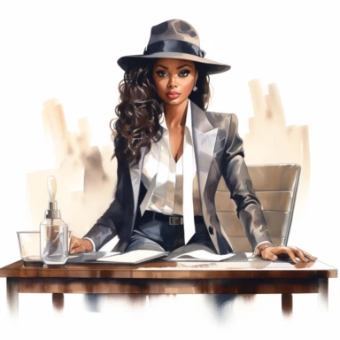 stylish, fashionable black, african american woman in business attire sitting at her desk in a luxurious office clipart, watercolor style, hyper realistic, detailed, white background