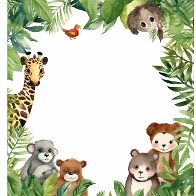 create a digital clipart frame of jungle baby animals and forest, white background, 4k
