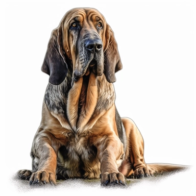 bloodhound in the style of digital airbrushingsitting realistic yet stylized, digitally enhanced, clipart, 32k uhd, detailed crosshatching white background