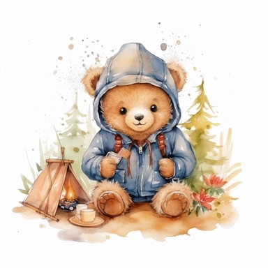 cute happy baby teddy bear wearing clothes camping activities clipart watercolor style in nature bright colors white background