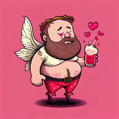 nthropomorphic bearded beer belly man with fairy wings, Beer Cupid, Drunk, red and pink, cartoon doodle, funny, cute, valentines day art, no words, vector clip art, detailed lines, plain background