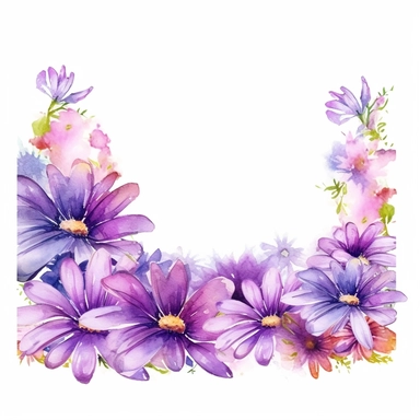 detailed vibrant watercolor rectangle purple daisy flower border with cute border line and with wide middle white space , isolated on white background, realistic, clipart