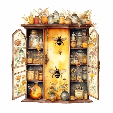 whimsical watercolour clip art curiosity cabinet with glass doors. Bee and honey themed