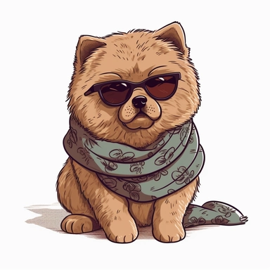cute funny kawaii Chow Chow Puppy with Balenciaga sunglasses and cool necklaces or scarf, cute illustration, clipart, white backgound, Cuttable Design,full body