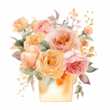 minimalist elegant watercolor bouquet english garden roses in soft pink and apricot on a vivid gold box vase, clipart, hd, on white background