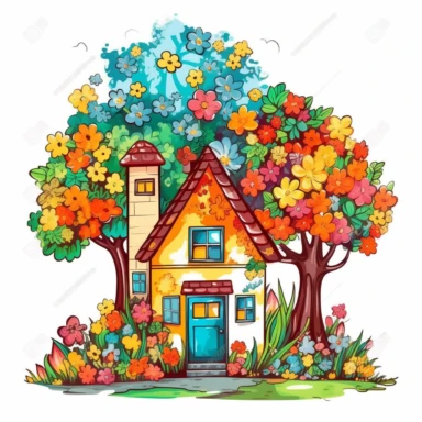 icon clipart diagram of a house with trees, flowers. Png with transparent background. For flyer design
