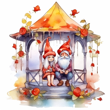 Watercolor magical gnome couple sitting in a gazebo watercolor clipart on white background, vivid colors, enchanting scene clipart on a white background in the style of feminine sticker art, Tanya Shatseva, storybook illustration, red, white and caramel tones, Georgia O'Keeffe, colored line art, colored outlines, cottagecore design, watercolor on white background, crisp tones, sticker outline, colored line art, colored outlines, iridescent ombre, gradient shading, pure tone, vibrant digital art 