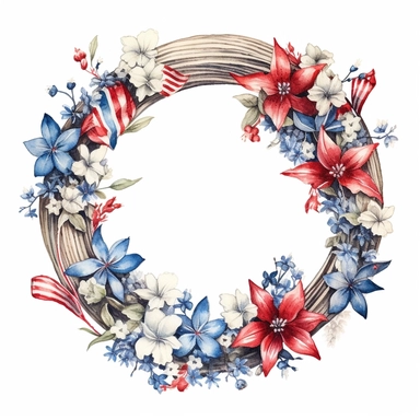 A watercolor clip-art showcasing a decorative wreath with red, white, and blue flowers, surrounded by stars and ribbons on a white background. The delicate brushwork and intricate details make it an elegant and festive choice for 4th of July designs.