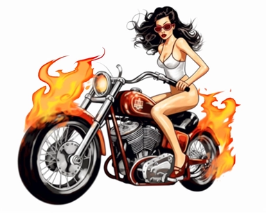 female biker pin up girl sitting on flaming motorcycle, clipart png on white background