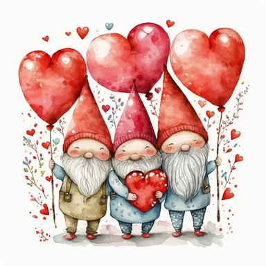 Watercolor happy 3 red gnomes valentine theme with red heart balloons, Clipart, Colorful, Retro, highly detailed on white background