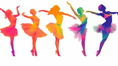 Colorful Simplistic Multiple Ballerina clip art of Female Dancers. Elegant Sophisticated Image depicting happy female dancer concentrating. No rouge faces. Each element of the Design is to be individual and totally separated and isolated on White Background, 2d Vector Clip Art for use in other designs