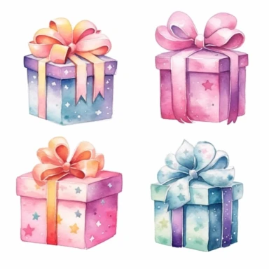 set of watercolors cute giftbox for kids book, white backgroun, clipart, clean and crisp