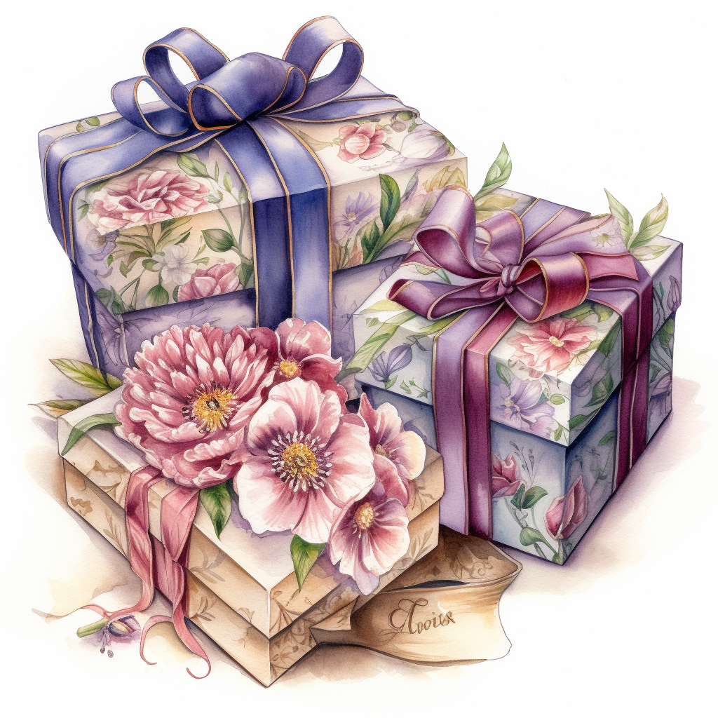 drawing of insanely beautiful floral patterned gift boxes, in the style ...