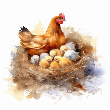 realistic watercolor hen sleeping with chicks inside the nest at the chicken farm on solid white background, clipart
