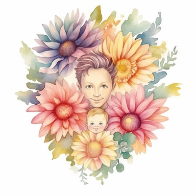 Create a beautiful clip art image using hand-drawn watercolor techniques, featuring a family gift niche with birth flowers representing a family of three. Customize the image by selecting birth flowers for each family member: a February baby (Primrose), a July baby (Water Lily), and a November baby (Chrysanthemum). Add a touch of whimsy to the image by including small butterflies or birds among the flowers, symbolizing the joy and harmony within the family.