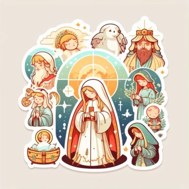 vector sticker design, anime style Christmas nativity clipart, white background, flat colors