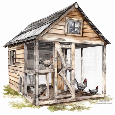 Highly detailed and realistic chicken coop Watercolor Clipart, transparent background, watercolor and black ink, on white background, NO TEXT,NO WATERMARKS