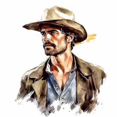 beautiful stunning handsome vintage cowboy man, tarot style, paint art style, clipart, white background, superrealistic, one of a kind