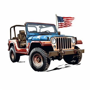 Military jeep equipped for USA independence day, painted in flag colors, Pixar style, vibrant colors, clipart with white background, - - v 5