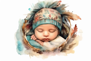 cute watercolor newborn boho sleeping baby in crible, isolated white background, babyshower clipart, 8k, soft multicolor boho colors