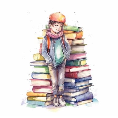 beautiful watercolor clipart of young child holding a stack of books and reading, fun pastel hues, compositions on an isolated white background. Bright illustration, highly detailed
