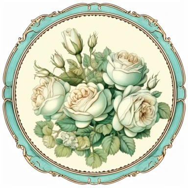 vintage labels with ivory roses light aqua clipart with white background