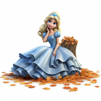 A beautiful cindrella sitting on so many mapple leaves, smiling, halloween, full body image, pixar style, clipart, white background, fall scene