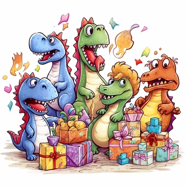 a foolish and cute dinosaurs having fun in a birthday party, clipart style, white bg